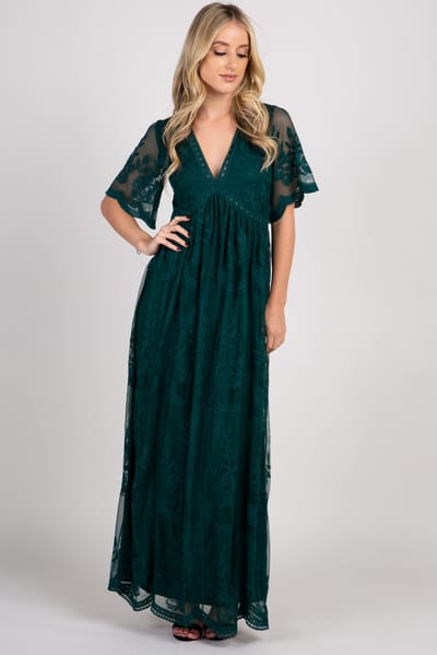 Rhea + Thea Forest Green Lace Mesh Overlay Maxi Dress