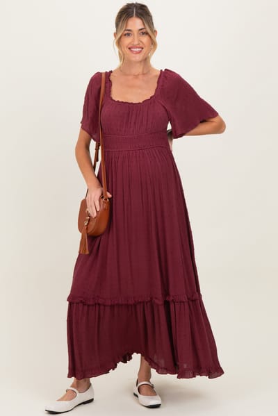 In Loom Burgundy Swiss Dot Ruffle Trim Maternity Maxi Dress