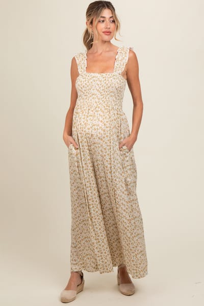Elloh Cream Floral Flowy Maternity Jumpsuit