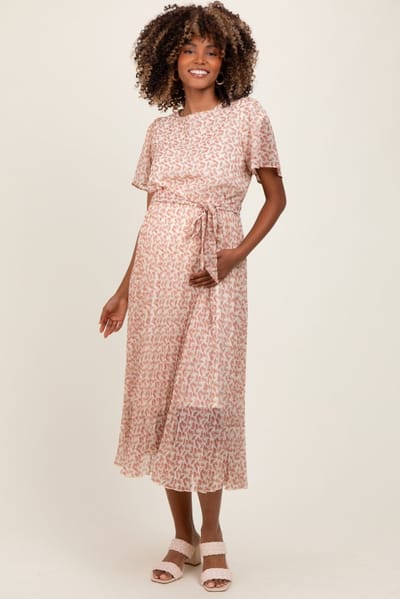 Polagram Cream Print Pleated Maternity Midi Dress