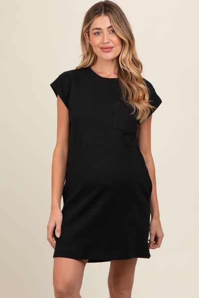 PinkBlush Black Front Pocket Line Textured Short Sleeve Maternity Dress