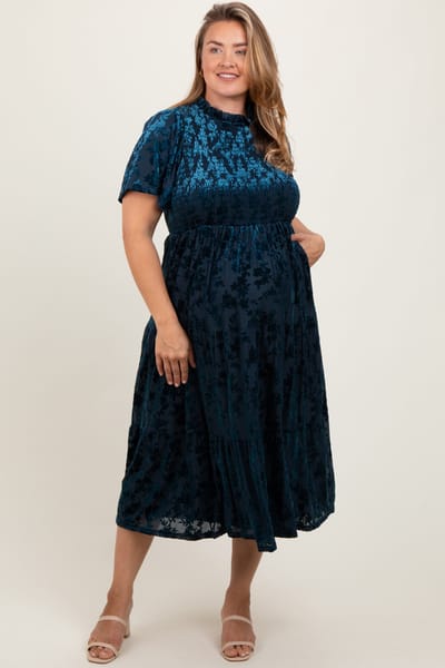 Polagram Navy Floral Velvet Print Smocked Maternity Plus Midi Dress