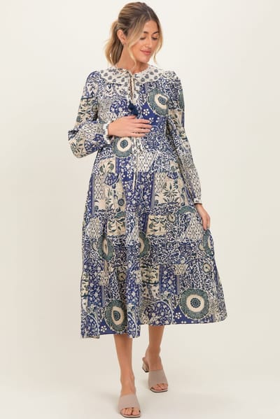 PinkBlush Blue Floral Patchwork Print Front Tie Maternity Midi Dress