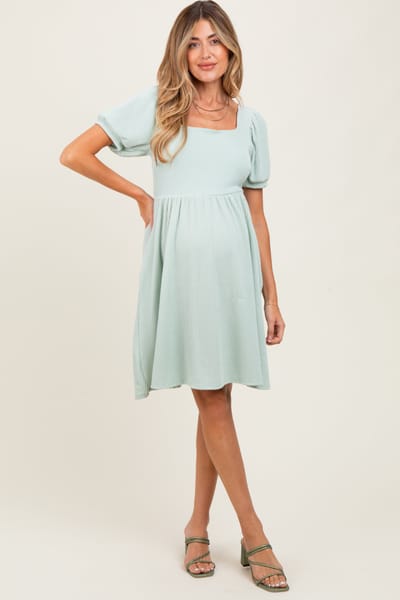 PinkBlush Sage Square Neck Puff Sleeve Rib Babydoll Maternity Dress