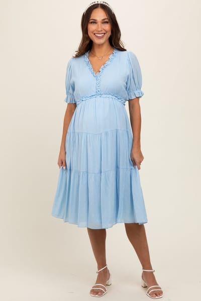 Jodifl Light Blue Ruffle Trim Tiered Maternity Dress