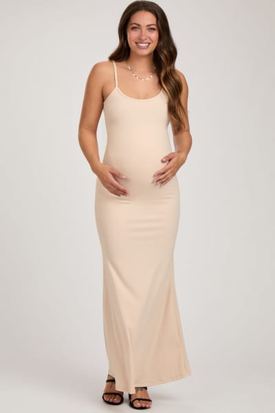 PinkBlush Cream Sleeveless Ribbed Maternity Maxi Dress