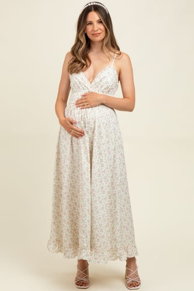 Mable Mauve Floral Smocked Waist Ruffle Accent Maternity Midi Dress