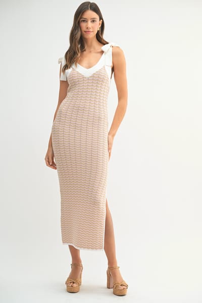 Mable Lavender Chevron Knit Shoulder Tie Midi Dress