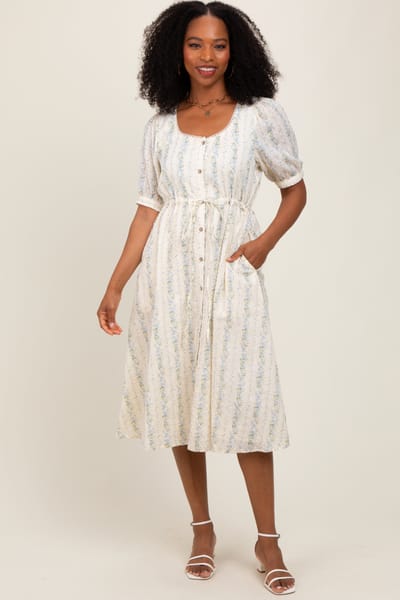 AnnieWear Light Blue Swiss Dot Floral Print Button Down Midi Dress