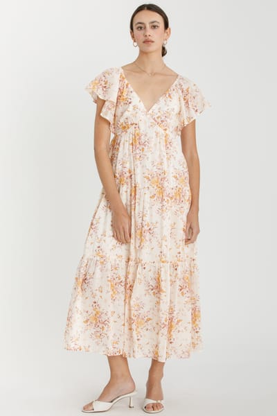 Be Cool Peach Floral Flutter Sleeve Tiered Maxi Dress