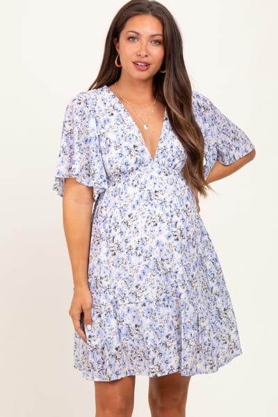 PinkBlush Periwinkle Floral V-Neck Flutter Sleeve Maternity Mini Dress