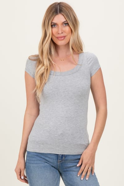 Popular 21 Heather Grey Ribbed Rounded Square Neck Top
