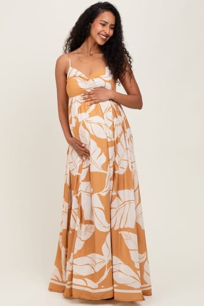 PinkBlush Camel Leaf Print Sleeveless Maternity Maxi Dress