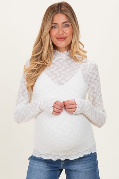 PinkBlush Ivory Thumbhole Sleeves Mock Neck Lace Maternity Top