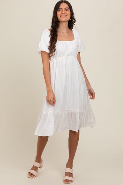 Hem & Thread White Heart Embroidered Short Puff Sleeve Midi Dress