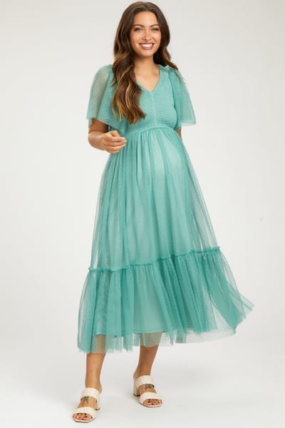 Dress Day Light Olive Dotted Tulle Smocked Maternity Midi Dress