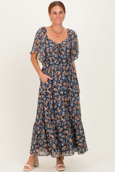 In February Navy Floral Sweetheart Neck Flutter Sleeve Maxi Dress