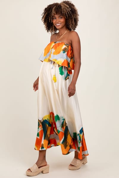 PinkBlush Orange Abstrast Print Strapless Flounce Maternity Maxi Dress
