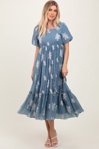 Polagram Blue Floral Print Ruffle Hem Midi Dress