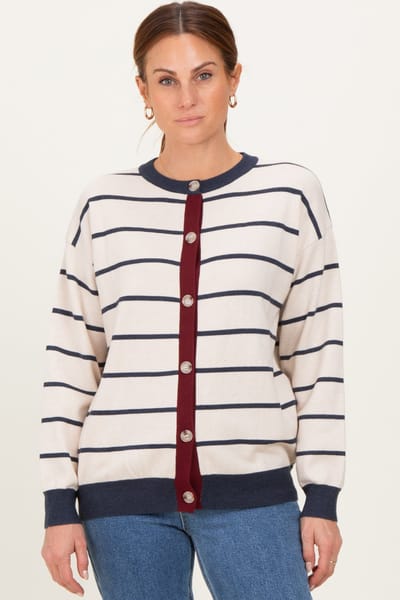 Gilli Oatmeal Striped Relaxed Fit Button Cardigan