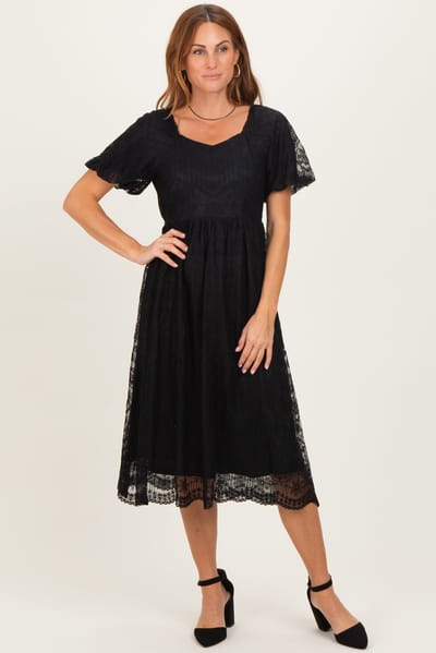 Tea N Rose Black Lace Sweetheart Neck Short Sleeve Midi Dress