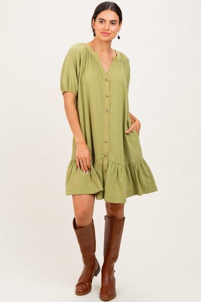 Umgee Light Olive Button Front Short Puff Sleeve Dress
