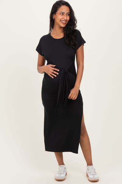 Capella Apparel Co. Black Waist Tie Short Sleeve Side Slit Maternity Dress