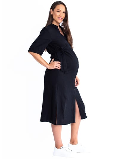 Angel Maternity Maternity Tie Waist Linen Midi Dress