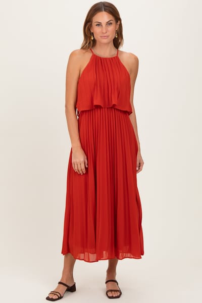 Dress Day Red Pleated Woven Midi Dress