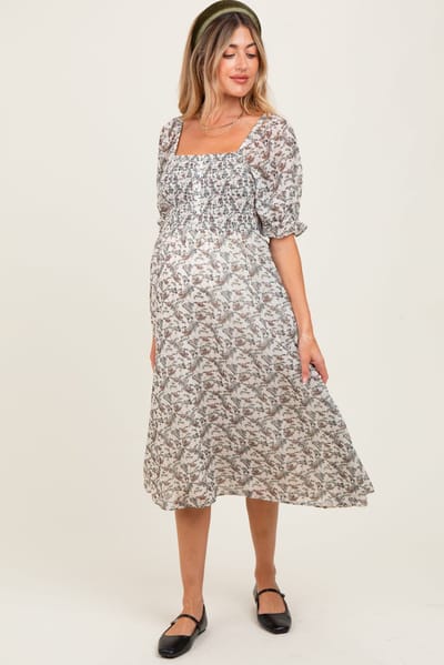 PinkBlush Cream Floral Smocked Puff Sleeve Maternity Midi Dress