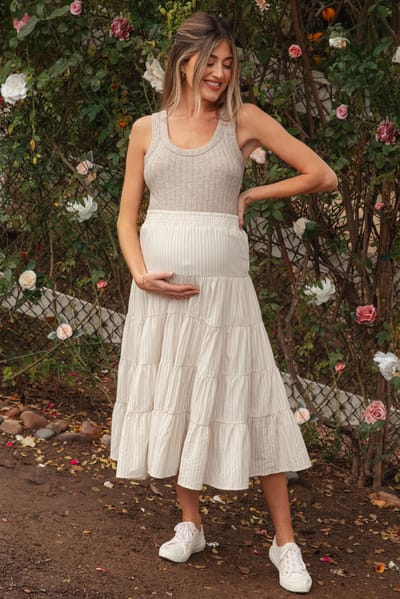 In The Beginning Ivory Striped Tiered Maternity Maxi Skirt