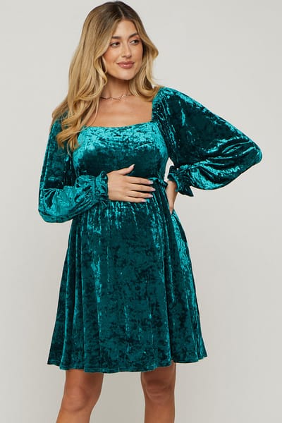 ODDI Green Teal Velour Square Neck Maternity Dress