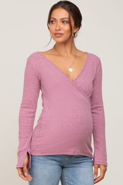 Culture Code Mauve Ribbed Long Sleeve Wrap Maternity Nursing Top