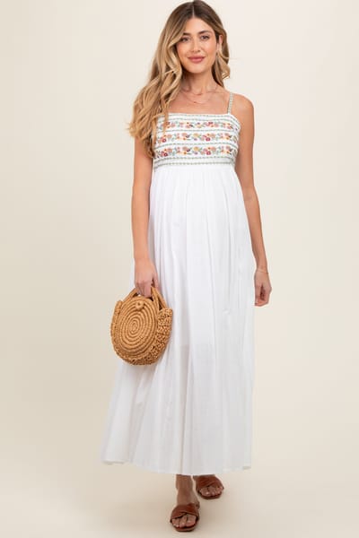 In Loom Multi-Color Floral Embroidered Lace-Up Back Maternity Maxi Dress