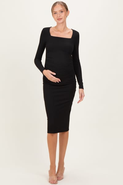 PinkBlush Black Ribbed Ruched Maternity Midi Dress