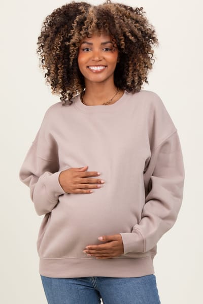 PinkBlush Beige Basic Fleece Crewneck Maternity Sweatshirt