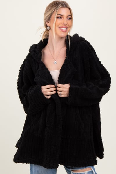 Hem & Thread Black Fuzzy Slit Hem Hooded Cardigan