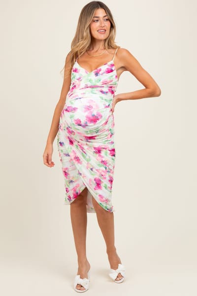 PinkBlush Fuchsia Floral Ruched Tulip Hem Maternity Midi Dress