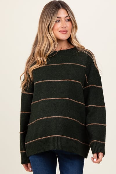 Buttermelon Olive Striped Drop Shoulder Maternity Sweater