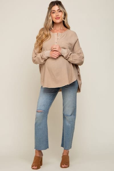 PinkBlush Beige Front Button Drop Shoulder Long Sleeve Maternity Top
