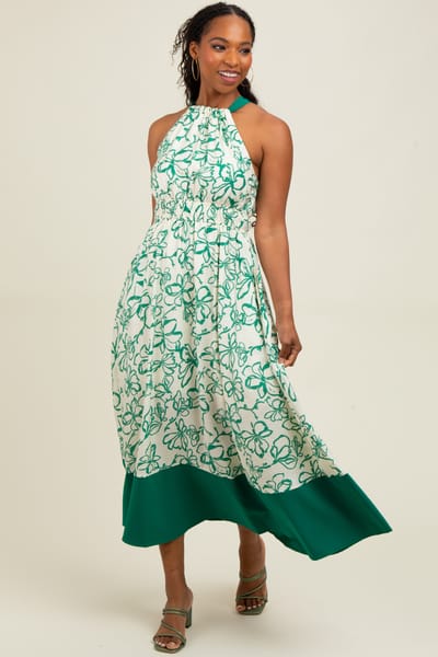 Entro Green Floral Bow Tie Sleeveless Midi Dress