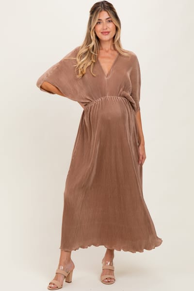 PinkBlush Mocha Pleated Satin Dolman Sleeve Maternity Maxi Dress