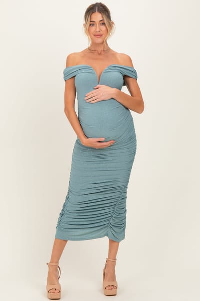 Cefian Light Olive Glitter Ruched Off Shoulder Maternity Midi Dress