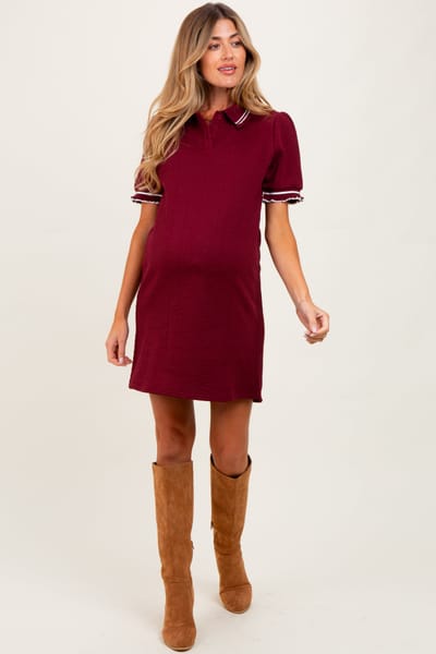 She + Sky Burgundy Jacquard Ruffle Accent Maternity Polo Dress