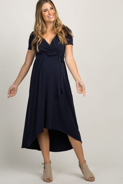 Rhea + Thea PinkBlush Navy Blue Solid Hi-Low Maternity Wrap Dress