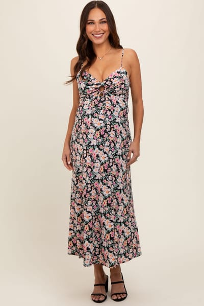 PinkBlush Black Floral Front Cutout Drawstring Tie Maternity Midi Dress