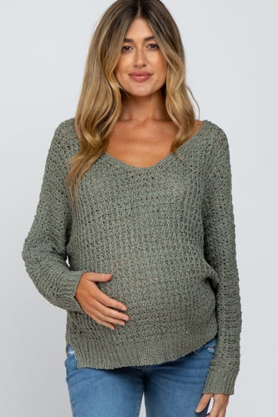 Miracle Olive V-Neck Side Slit Thick Knit Maternity Sweater