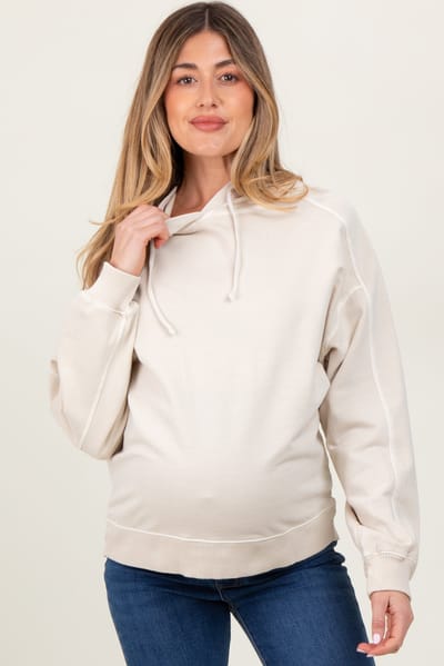PinkBlush Cream French Terry Hooded Maternity Sweatshirt