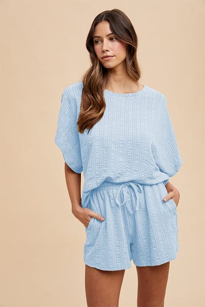 AnnieWear Light Blue Textured Knit Dolman Sleeve Top Shorts Set