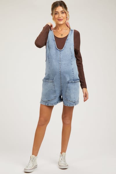 Better Be Light Blue Denim Scoop Neck Maternity Short Overall